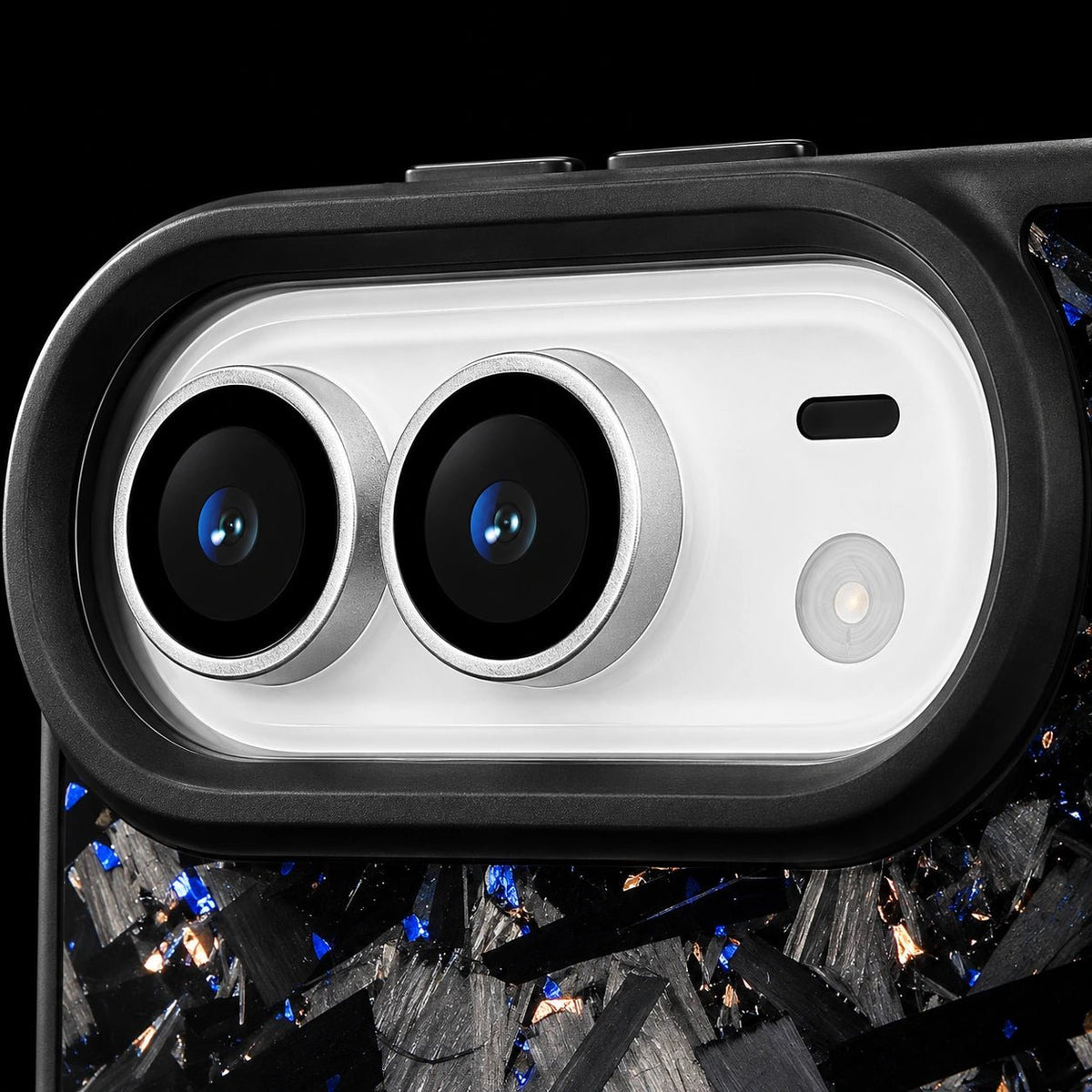 Close-up of the raised black camera surround on the Blue and Gold DUO forged carbon case