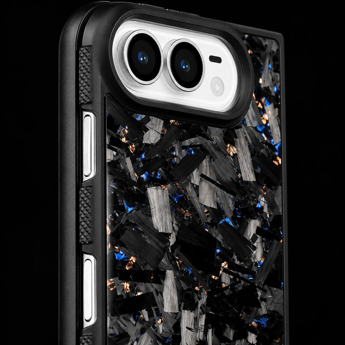 Blue and Gold DUO case side angle showing textured black edges, silver buttons and large forged carbon flakes