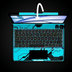 The Pivot Ghost Blue — backlit keyboard and trackpad top view