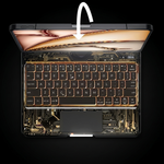 The Pivot Ghost Black — backlit keyboard and trackpad top view